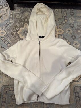 White Ribbed Zip-Up Hoodie